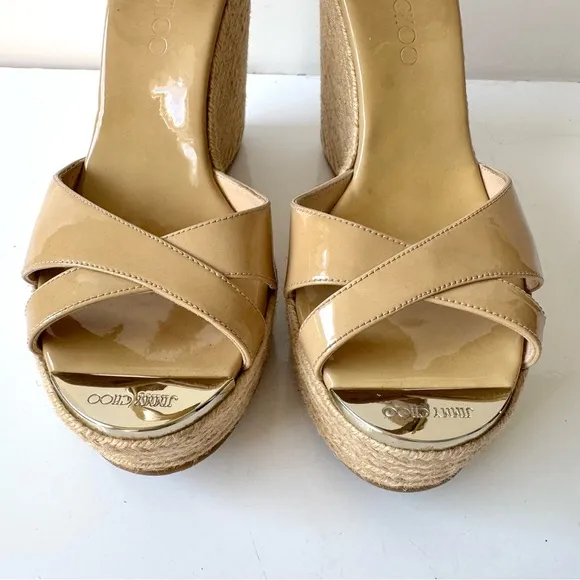 Jimmy Choo Beige Patent Leather Pallis Espadrille Wedge Sandals Size 39