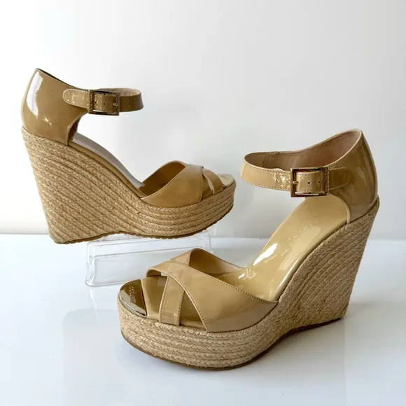 Jimmy Choo Beige Patent Leather Pallis Espadrille Wedge Sandals Size 39