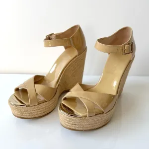 Jimmy Choo Beige Patent Leather Pallis Espadrille Wedge Sandals Size 39
