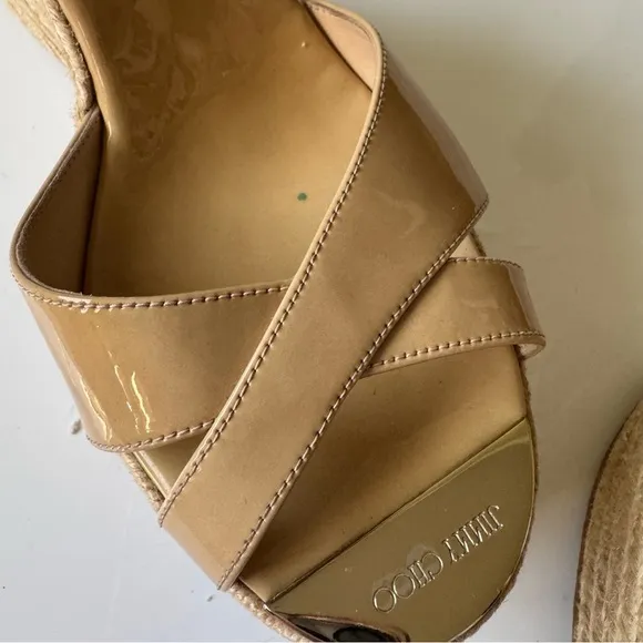 Jimmy Choo Beige Patent Leather Pallis Espadrille Wedge Sandals Size 39