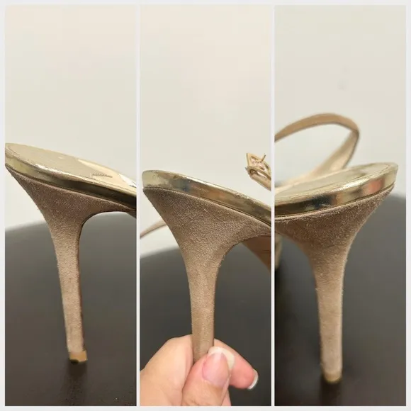 Jimmy Choo Beige Suede Leather Gold Frosting Peep Toe sling back Stiletto Heels