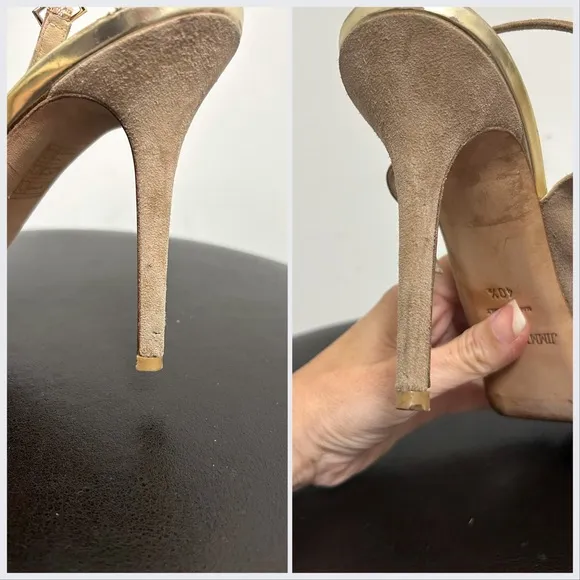 Jimmy Choo Beige Suede Leather Gold Frosting Peep Toe sling back Stiletto Heels