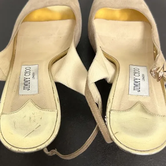 Jimmy Choo Beige Suede Leather Gold Frosting Peep Toe sling back Stiletto Heels