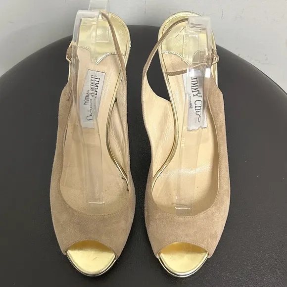 Jimmy Choo Beige Suede Leather Gold Frosting Peep Toe sling back Stiletto Heels