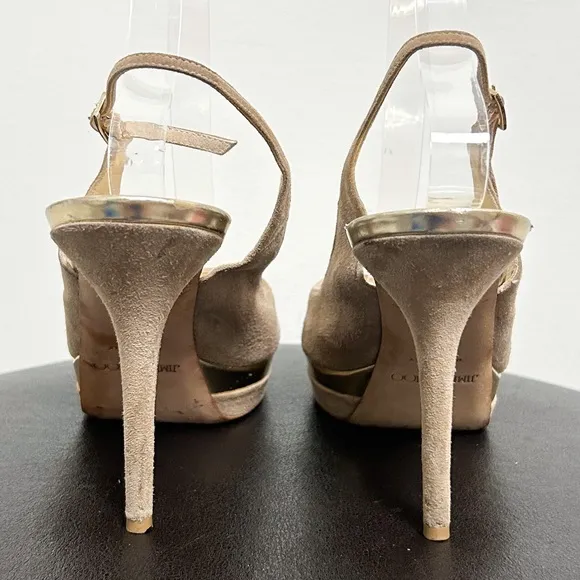 Jimmy Choo Beige Suede Leather Gold Frosting Peep Toe sling back Stiletto Heels