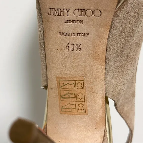 Jimmy Choo Beige Suede Leather Gold Frosting Peep Toe sling back Stiletto Heels