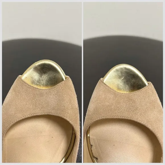 Jimmy Choo Beige Suede Leather Gold Frosting Peep Toe sling back Stiletto Heels