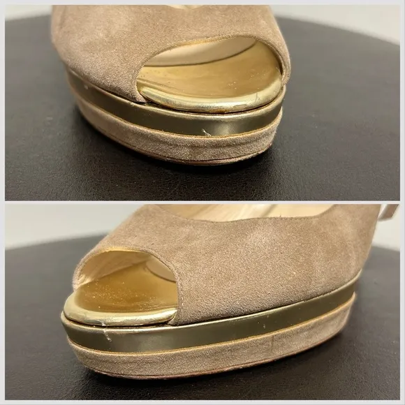 Jimmy Choo Beige Suede Leather Gold Frosting Peep Toe sling back Stiletto Heels