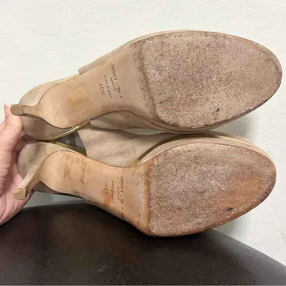 Jimmy Choo Beige Suede Leather Gold Frosting Peep Toe sling back Stiletto Heels