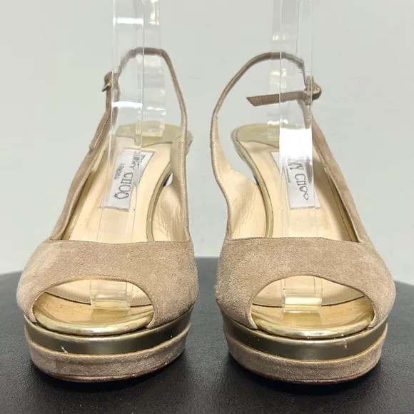 Jimmy Choo Beige Suede Leather Gold Frosting Peep Toe sling back Stiletto Heels