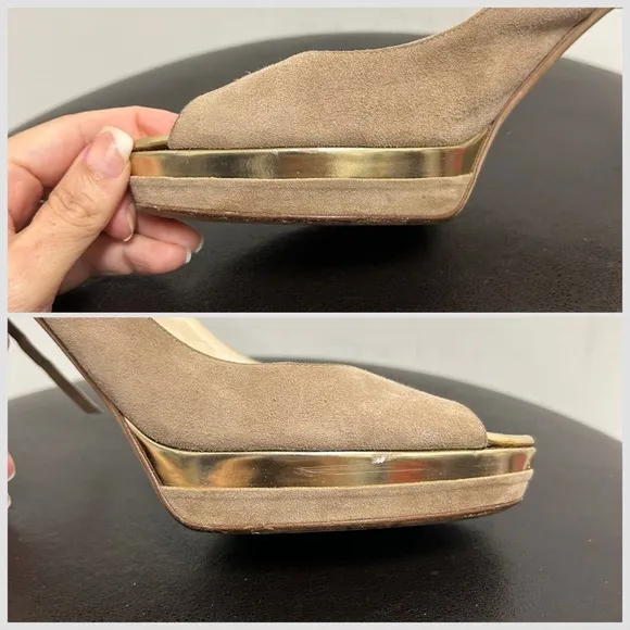 Jimmy Choo Beige Suede Leather Gold Frosting Peep Toe sling back Stiletto Heels