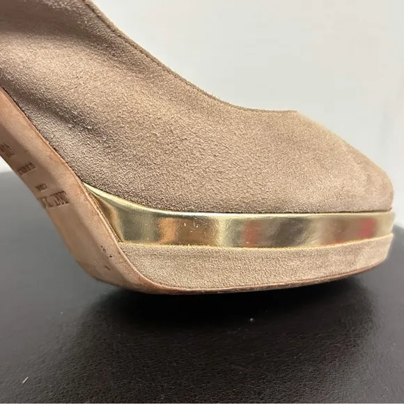 Jimmy Choo Beige Suede Leather Gold Frosting Peep Toe sling back Stiletto Heels