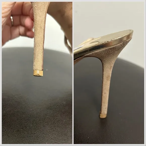 Jimmy Choo Beige Suede Leather Gold Frosting Peep Toe sling back Stiletto Heels