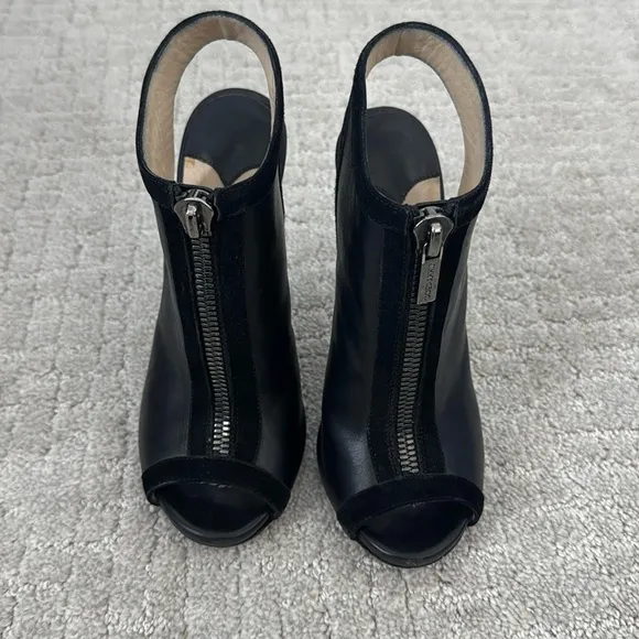 Jimmy Choo black leather zip up stilettos peep toe suede trim silver hardware