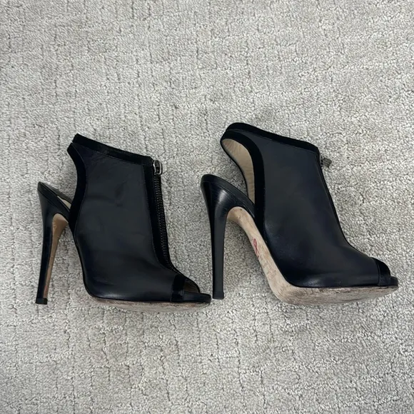 Jimmy Choo black leather zip up stilettos peep toe suede trim silver hardware