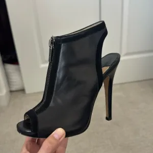 Jimmy Choo black leather zip up stilettos peep toe suede trim silver hardware