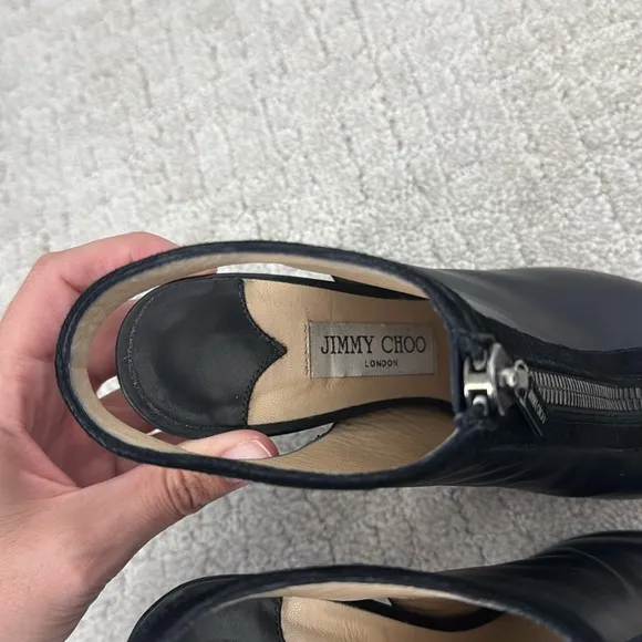 Jimmy Choo black leather zip up stilettos peep toe suede trim silver hardware