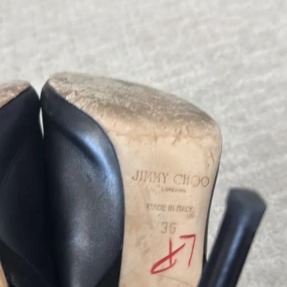 Jimmy Choo black leather zip up stilettos peep toe suede trim silver hardware
