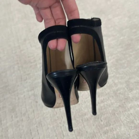 Jimmy Choo black leather zip up stilettos peep toe suede trim silver hardware