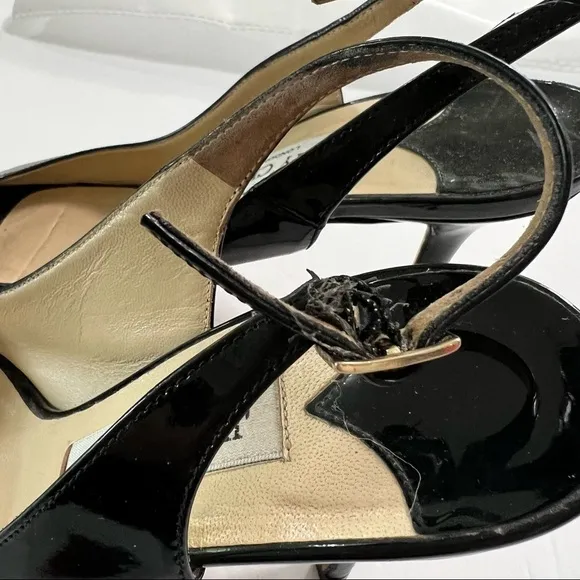 Jimmy Choo Black Patent Platform Stiletto *Flaw* Size 38.5 Glam Fun
