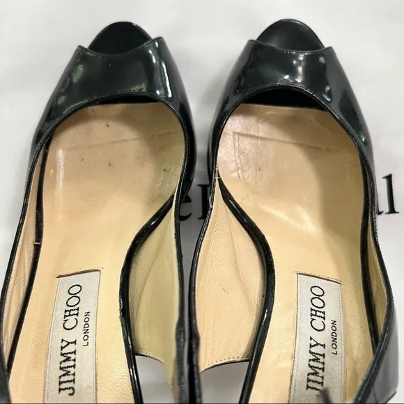 Jimmy Choo Black Patent Platform Stiletto *Flaw* Size 38.5 Glam Fun