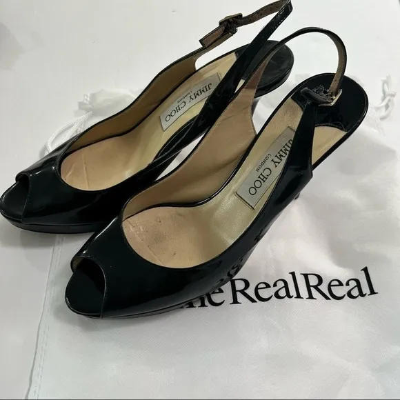 Jimmy Choo Black Patent Platform Stiletto *Flaw* Size 38.5 Glam Fun
