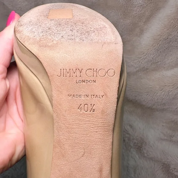 Jimmy Choo Luna 100 Peep Toe Patent Beige Pump Heel 40.5 Excellent
