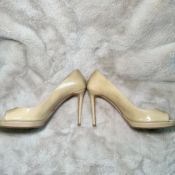 Jimmy Choo Luna 100 Peep Toe Patent Beige Pump Heel 40.5 Excellent