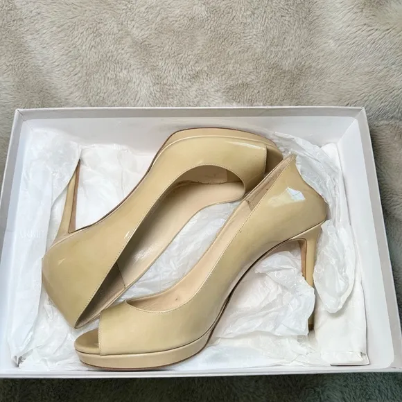 Jimmy Choo Luna 100 Peep Toe Patent Beige Pump Heel 40.5 Excellent