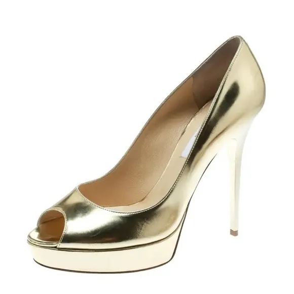 Jimmy Choo Metallic Gold Patent Leather Crown Peep Toe Heels size 8.5/38.5 $850