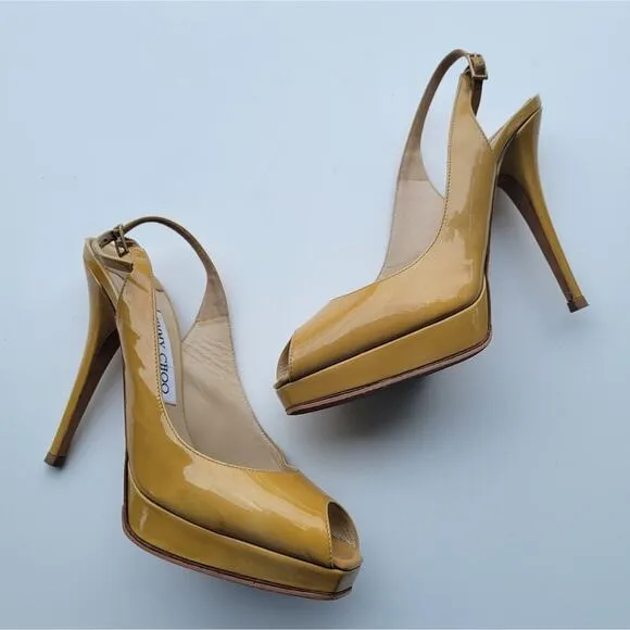 JIMMY CHOO Nova Patent leather slingback sandals in Tan Mustard Size 37.5 7.5