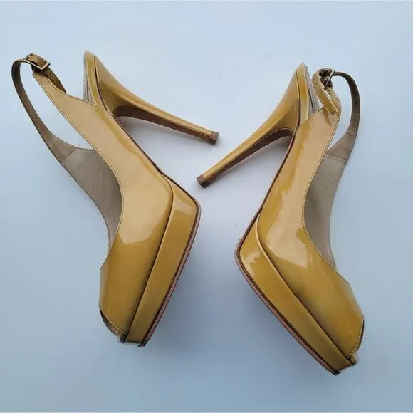 JIMMY CHOO Nova Patent leather slingback sandals in Tan Mustard Size 37.5 7.5