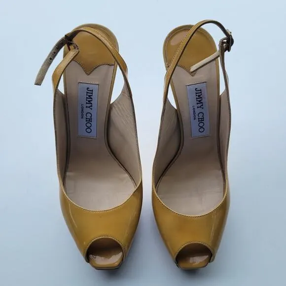 JIMMY CHOO Nova Patent leather slingback sandals in Tan Mustard Size 37.5 7.5
