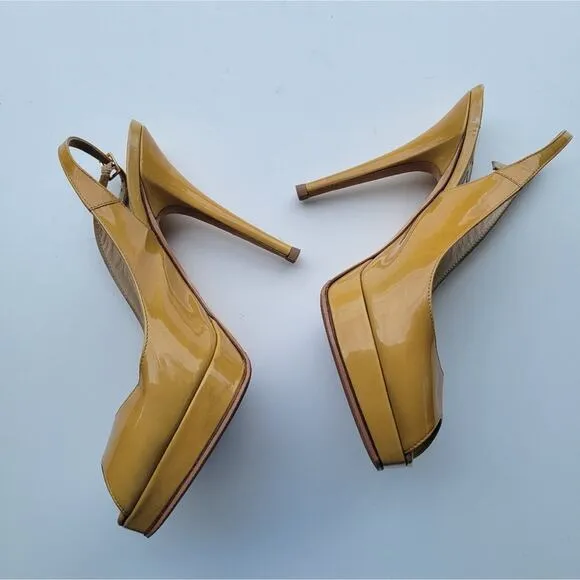 JIMMY CHOO Nova Patent leather slingback sandals in Tan Mustard Size 37.5 7.5