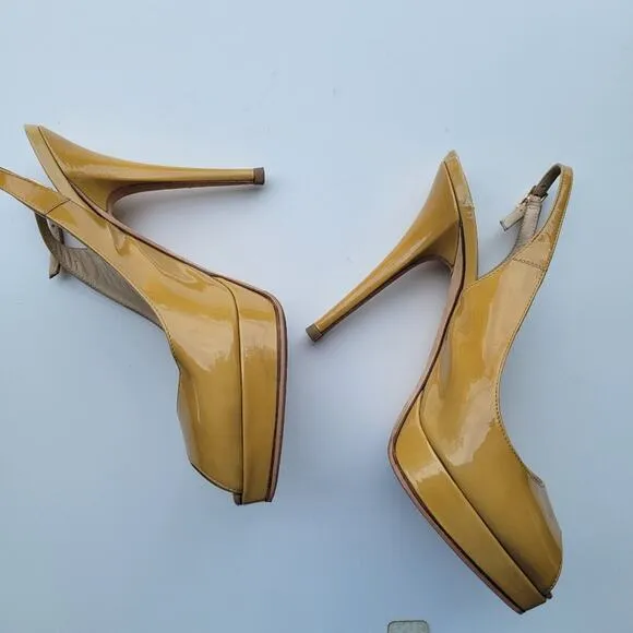 JIMMY CHOO Nova Patent leather slingback sandals in Tan Mustard Size 37.5 7.5