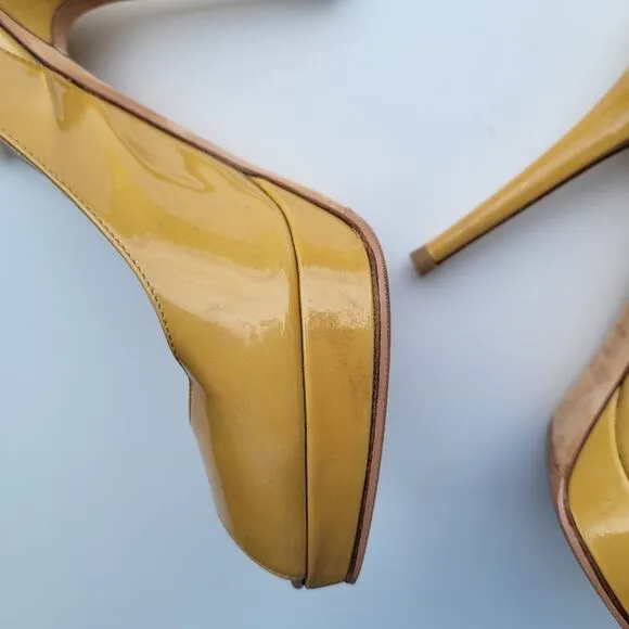JIMMY CHOO Nova Patent leather slingback sandals in Tan Mustard Size 37.5 7.5