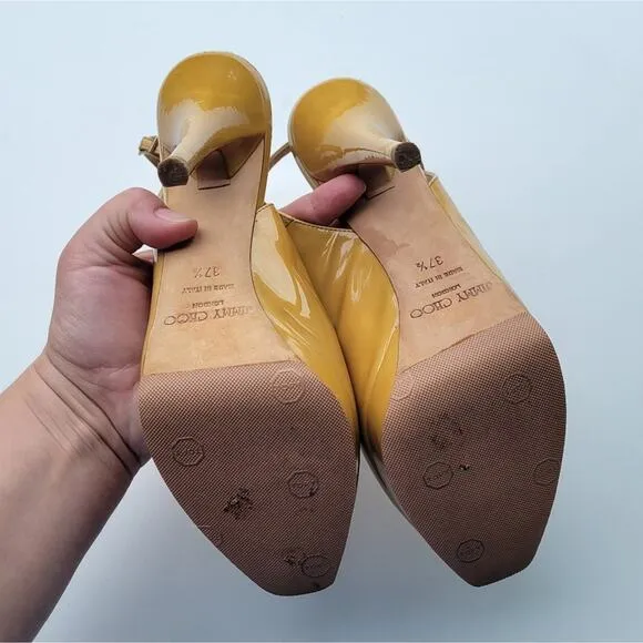 JIMMY CHOO Nova Patent leather slingback sandals in Tan Mustard Size 37.5 7.5