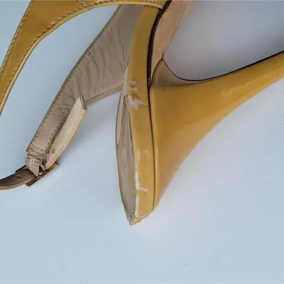 JIMMY CHOO Nova Patent leather slingback sandals in Tan Mustard Size 37.5 7.5