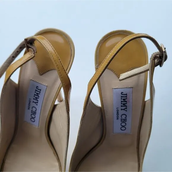 JIMMY CHOO Nova Patent leather slingback sandals in Tan Mustard Size 37.5 7.5