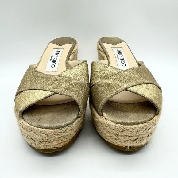 Jimmy Choo Paisley Crisscross Espadrille Wedge Sandals in Gold Shimmer Size 37