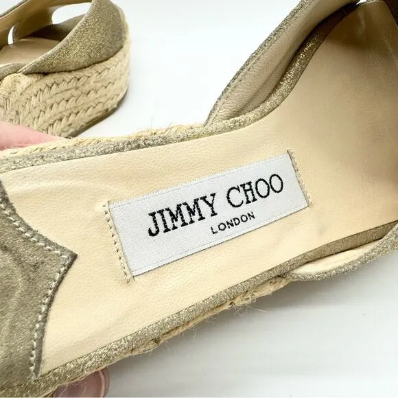 Jimmy Choo Paisley Crisscross Espadrille Wedge Sandals in Gold Shimmer Size 37