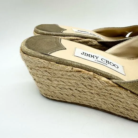 Jimmy Choo Paisley Crisscross Espadrille Wedge Sandals in Gold Shimmer Size 37