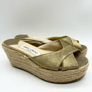 Jimmy Choo Paisley Crisscross Espadrille Wedge Sandals in Gold Shimmer Size 37