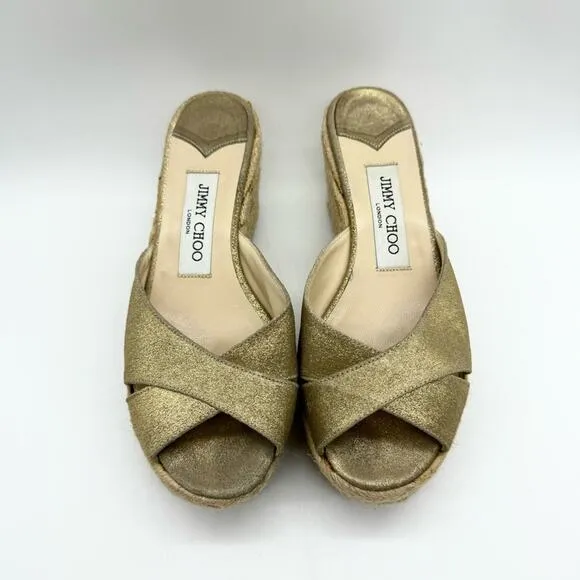 Jimmy Choo Paisley Crisscross Espadrille Wedge Sandals in Gold Shimmer Size 37