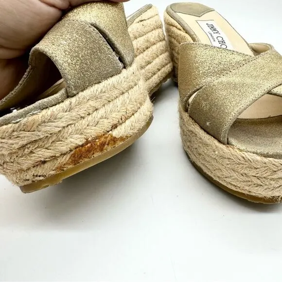Jimmy Choo Paisley Crisscross Espadrille Wedge Sandals in Gold Shimmer Size 37