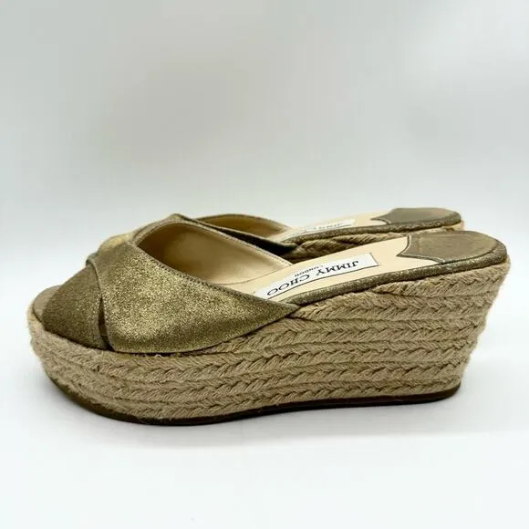 Jimmy Choo Paisley Crisscross Espadrille Wedge Sandals in Gold Shimmer Size 37