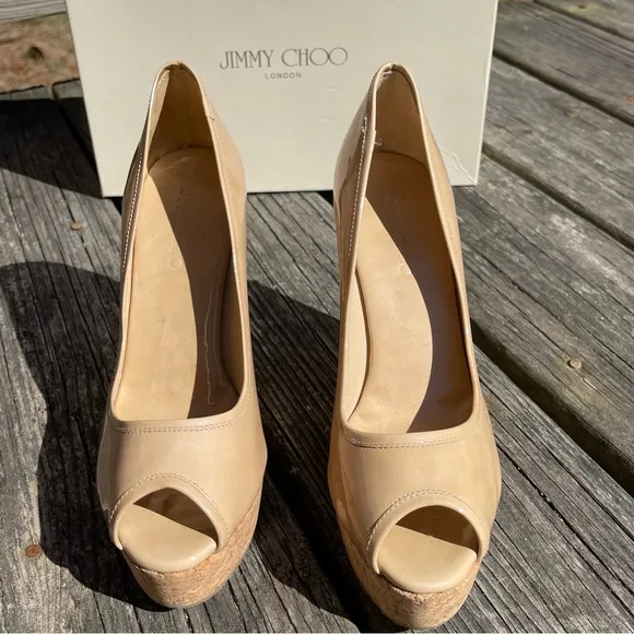 Jimmy Choo Papina Nude Patent Leather Peep-Toe Wedge