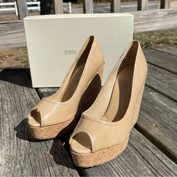 Jimmy Choo Papina Nude Patent Leather Peep-Toe Wedge