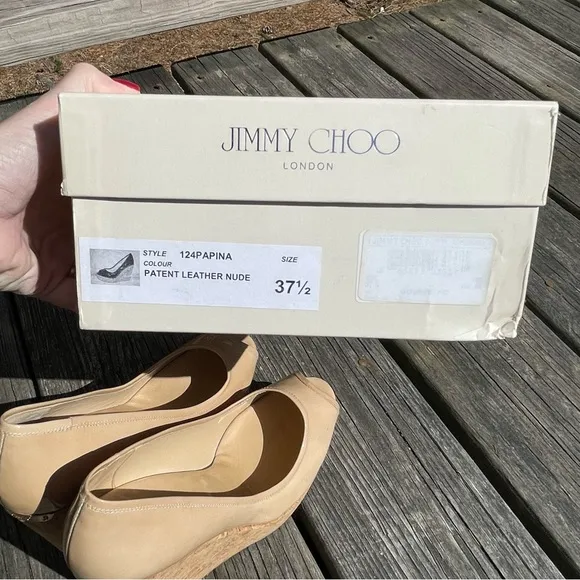 Jimmy Choo Papina Nude Patent Leather Peep-Toe Wedge