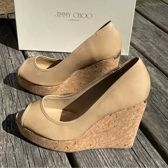 Jimmy Choo Papina Nude Patent Leather Peep-Toe Wedge